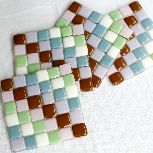 Fused Glass Coasters - Pretty Ribbon - pink, purple, green, white, blue and brown