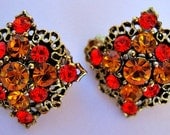 Orange Yellow Rhinestone Vintage Clipon Earrings
