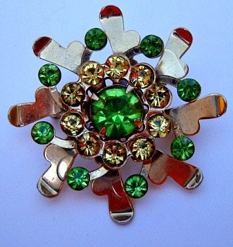 Green Rhinestone Gold Brooch