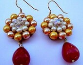 Vintage Repurposed Gold Pearl Clipon Red Teardrop Earrings