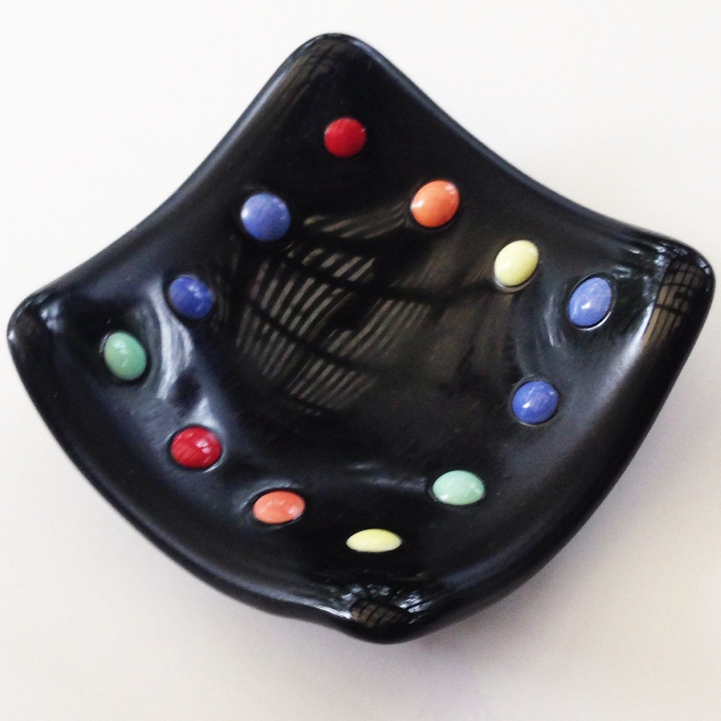 Black fused glass plate with red orange yellow green and blue dots - 3.5" square - rainbow plate - fused glass dish - Mother's Day gift