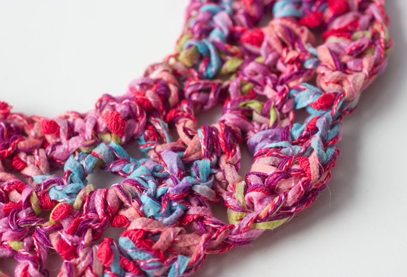 Hand Crocheted Lace  Necklace, Collar, Multicolor Pink, Red, Turquoise, Statement Necklace, Fiber Jewelry