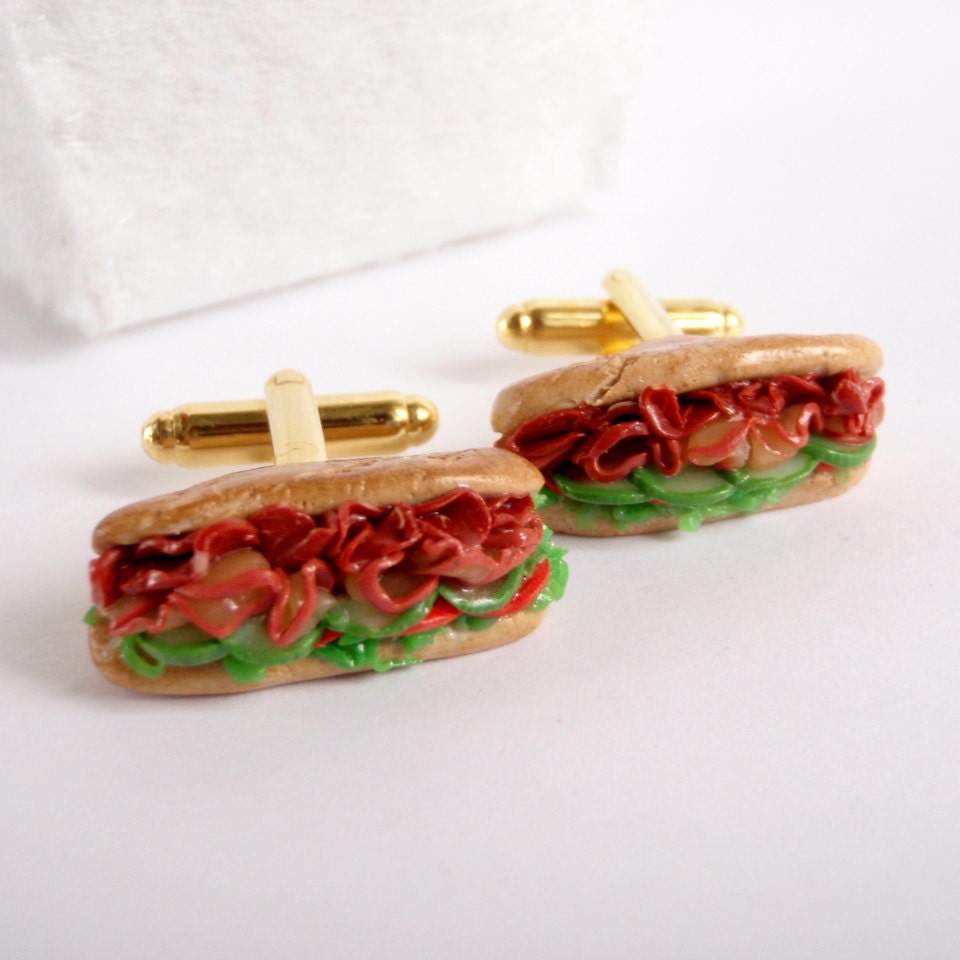 Submarine Sandwich Cufflinks - Miniature Food Art Jewelry - Schickie Mickie Original 100% Handmade