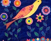 Night Garden Bird and Flower Collage Painting, Mixed Media Bird Collage Art, Nursery Wall Art, Baby Room Decor