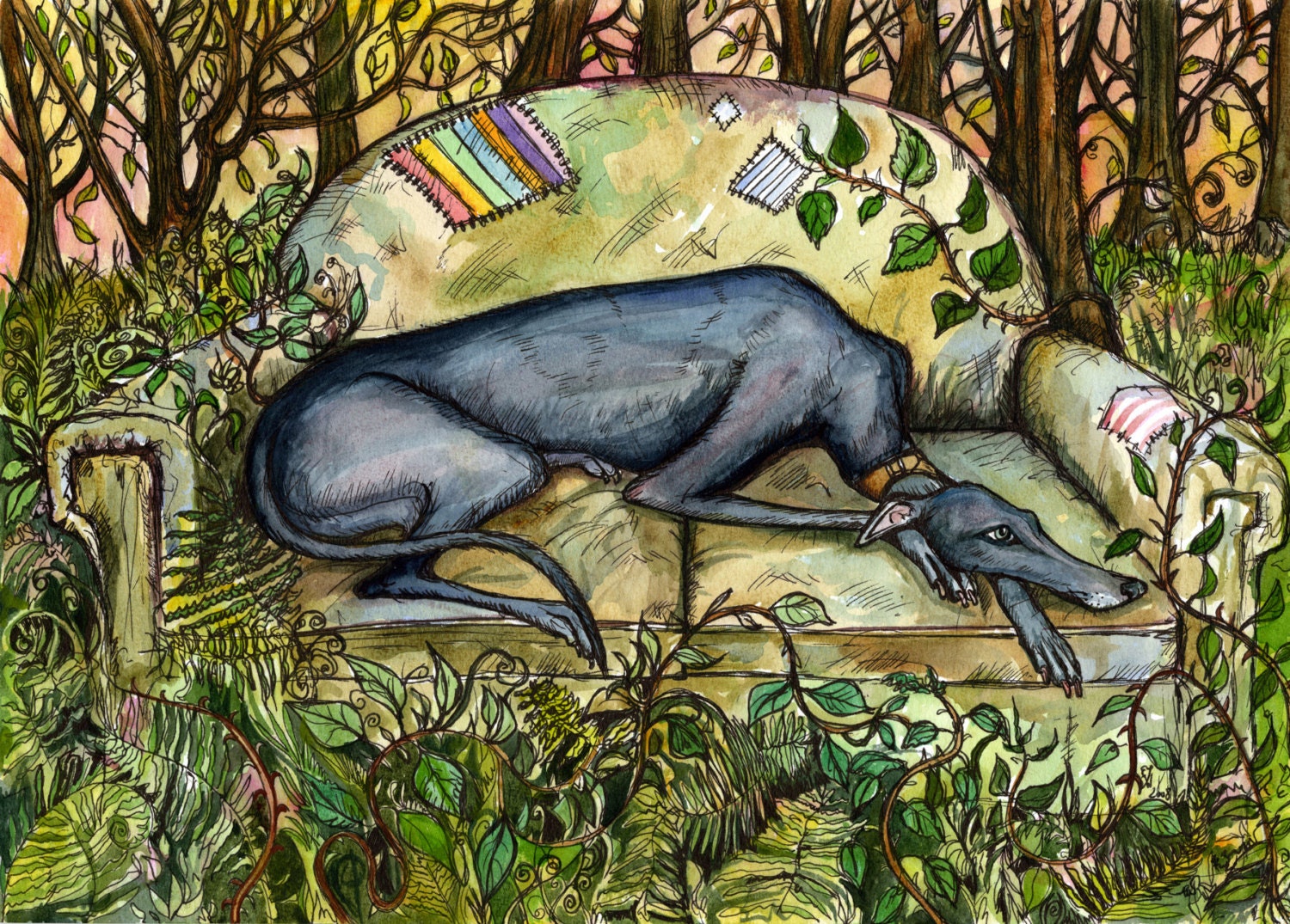 The Wild Wood - Greyhound Art Print - EXTRA LARGE  signed print