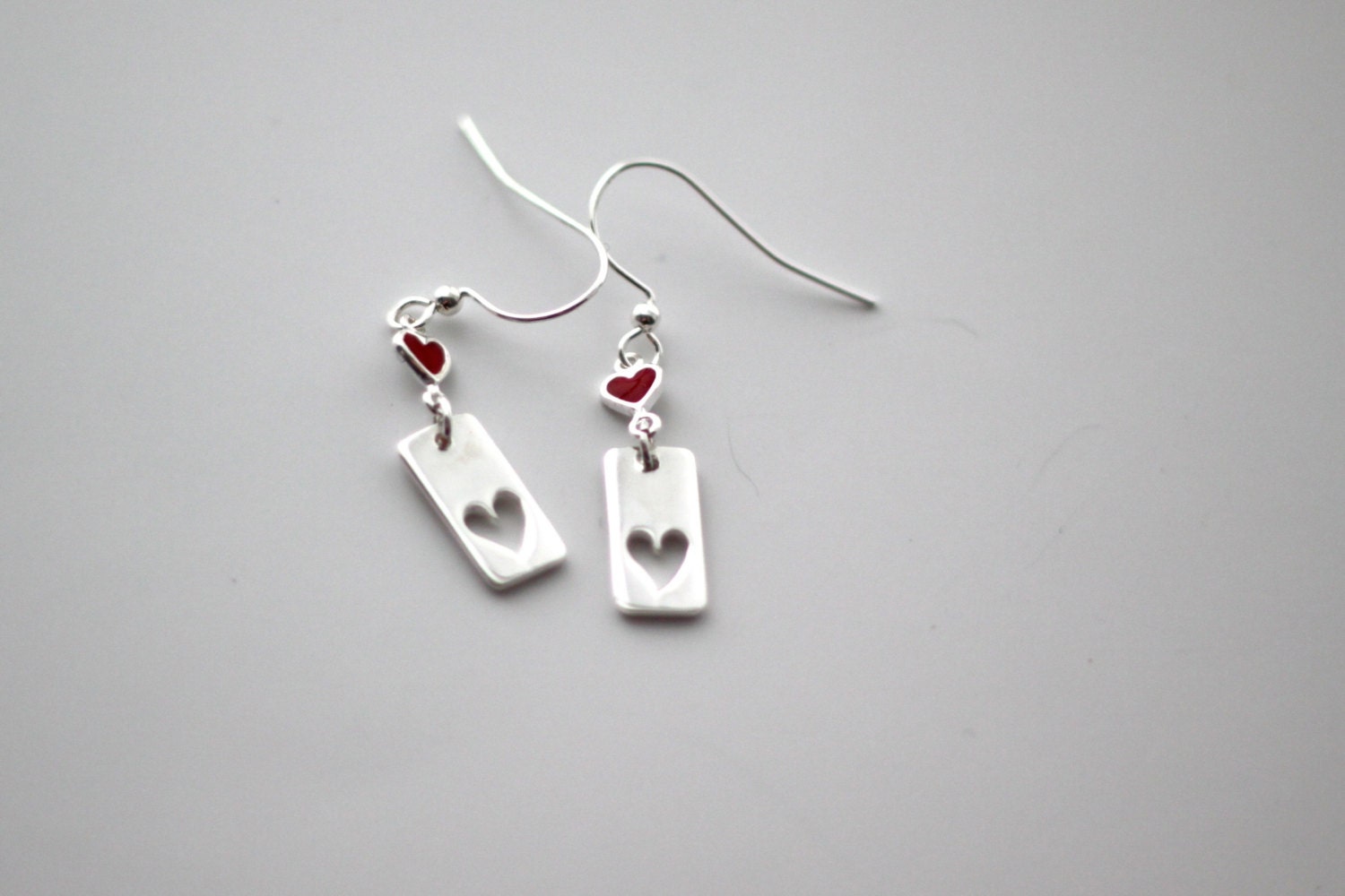 Sterling Silver heart earrings, red enamel sterling silver heart with Sterling silver cut out heart charm- Ships immediately from US