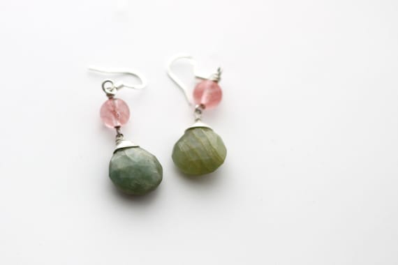 Wire wrapped natural green aquamarine faceted briolettes with cherry quartz - Gift Wrapped and Ships Immediately