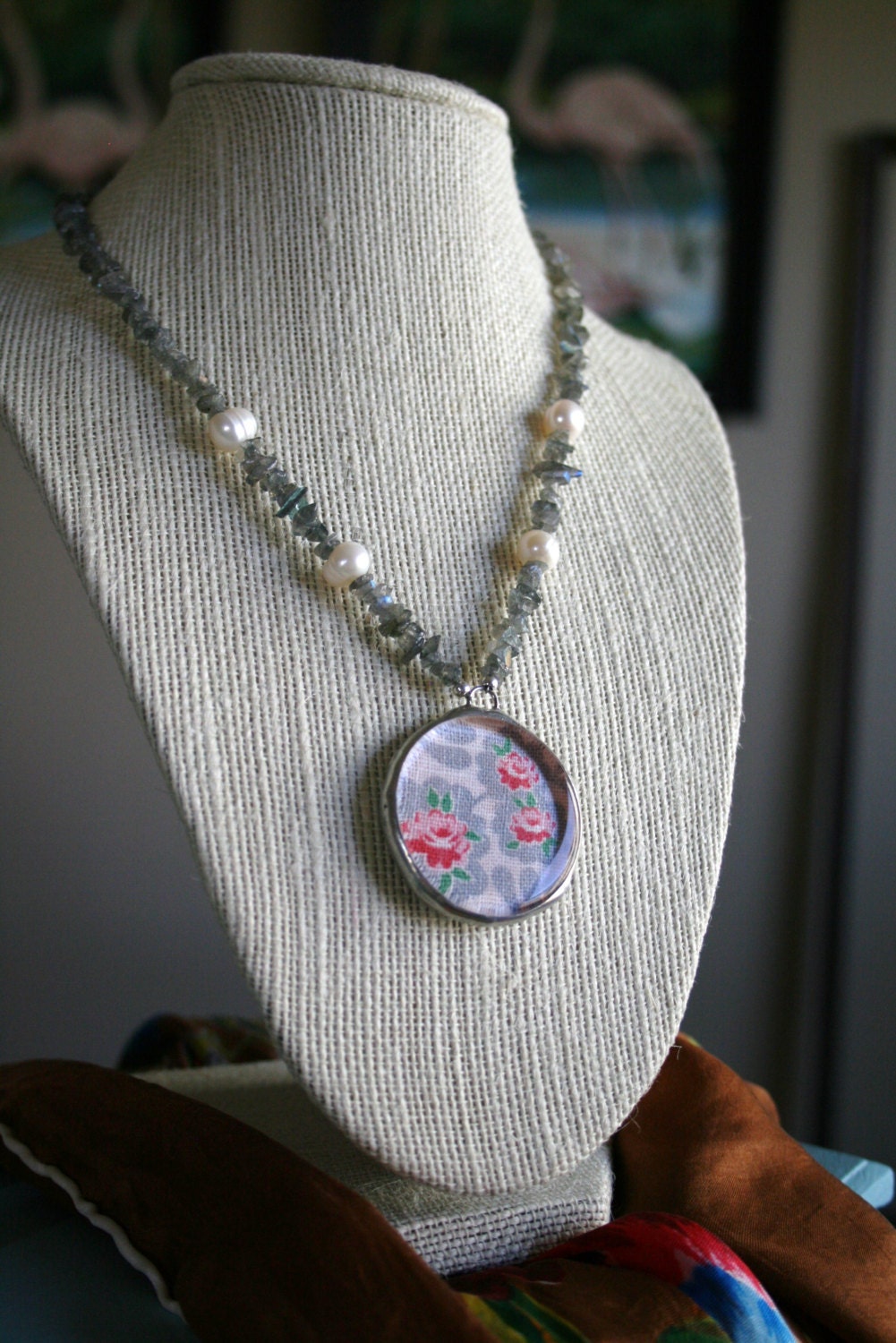 Vintage Fabric Soldered Pendant on Beaded Necklace with Pearls