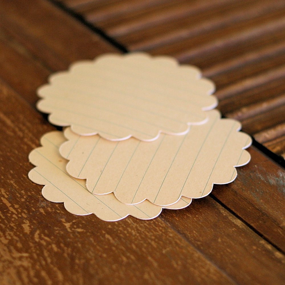 3 Vintage papers Scalloped Edge Circles Sturdy 3 3/4" wide Tags