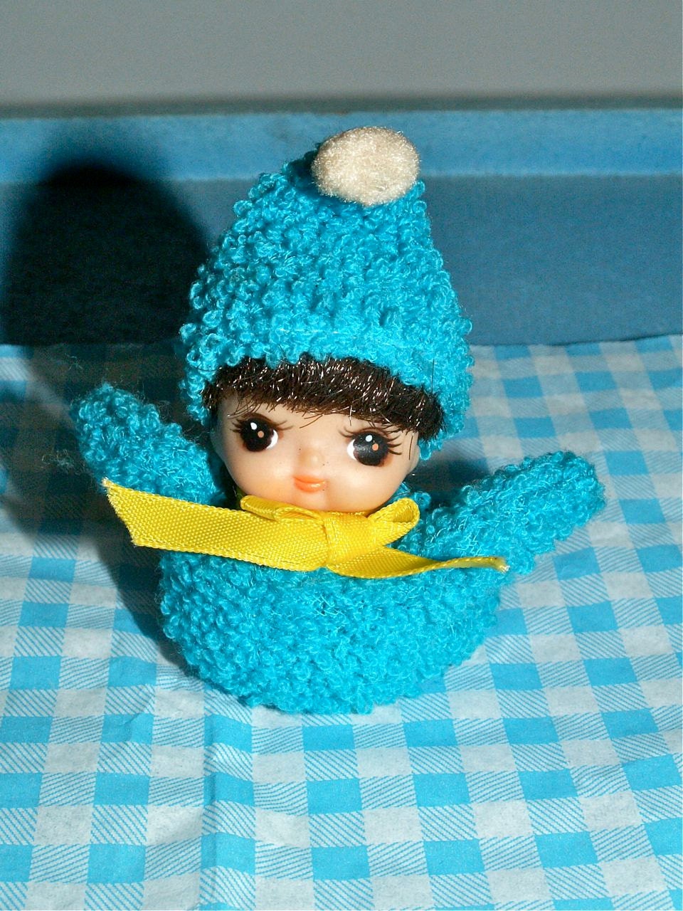 Vintage Japan Machy Matchbox Baby Clone Plush Rubber Face Soft Doll in Blue Loose