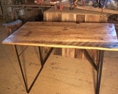 Reclaimed wood standing work desk with industrial metal base