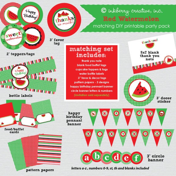 Sweet Watermelon First Birthday Party (Pink or Red) - DIY/Printable Complete Party Pack Il_170x135