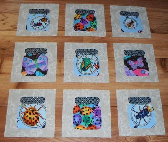 Set of 9 Creepy Bugs in a Jar Quilt Blocks Eeeeewwwwwwww