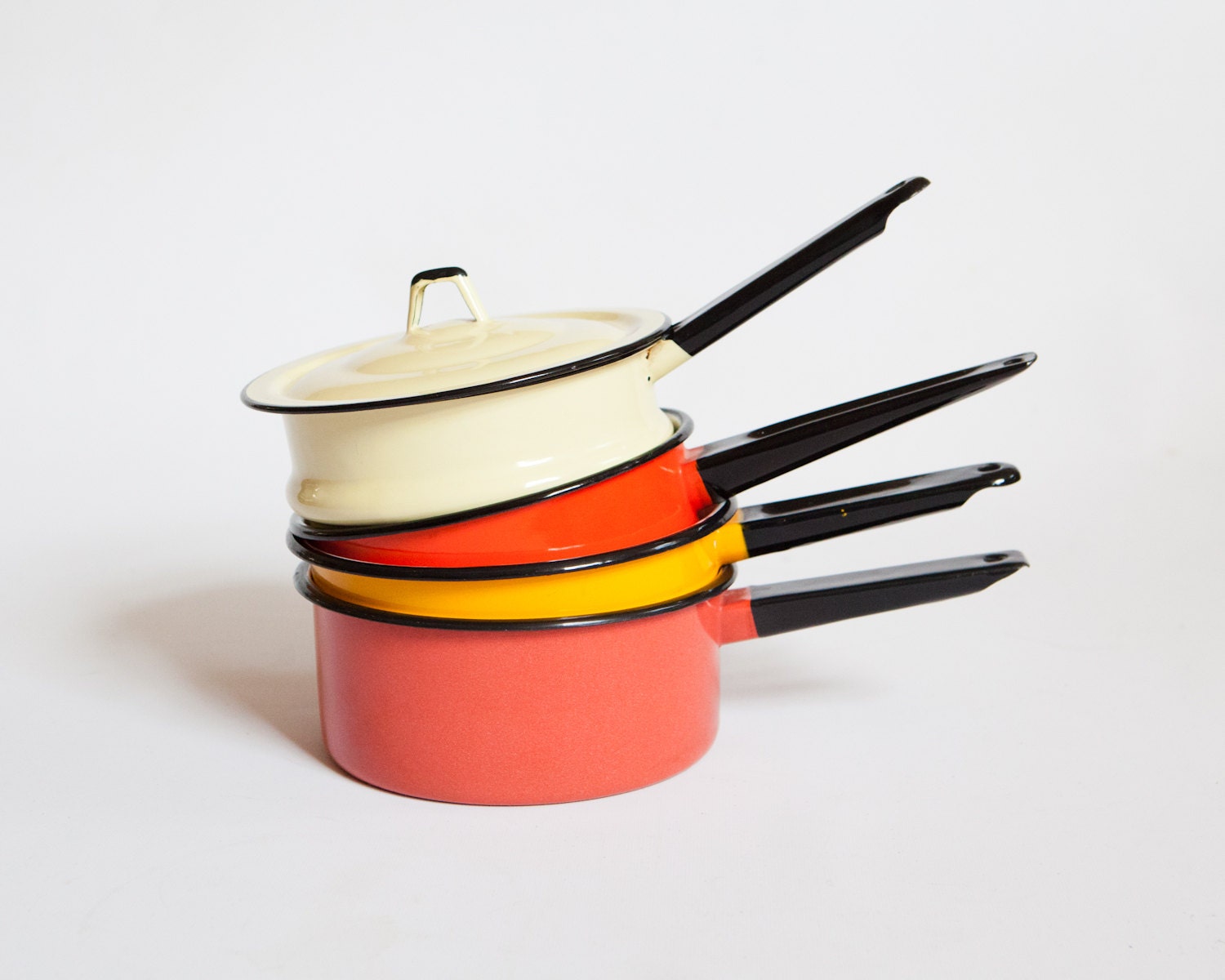 Adorable Set of Colorful Enamelware Pans Coral Orange Yellows