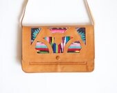 Vintage Guatemalan Southwest Tooled Leather and Fabric Clutch Purse Cross Body Bag