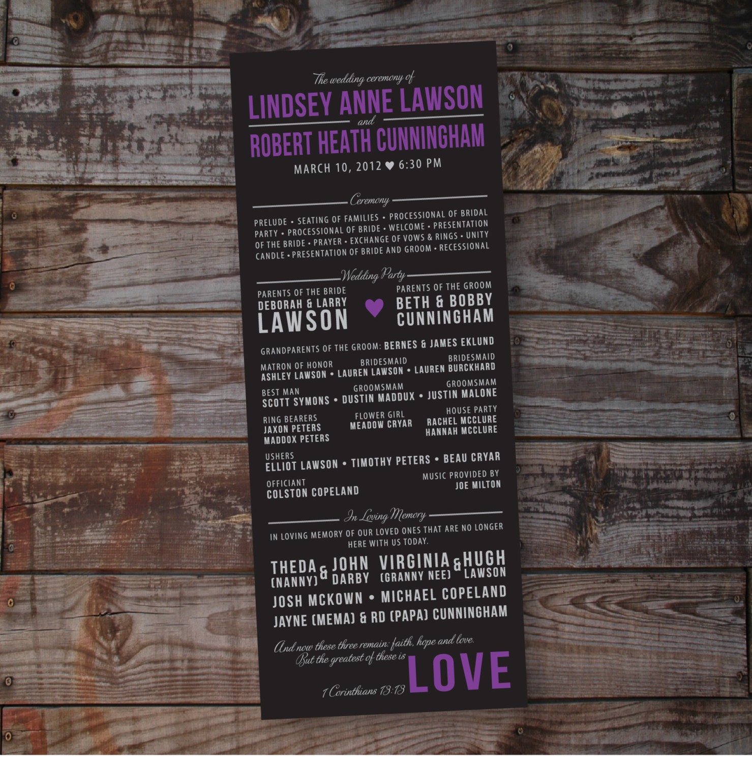 Custom Modern Wedding Program - 1 or 2 sided