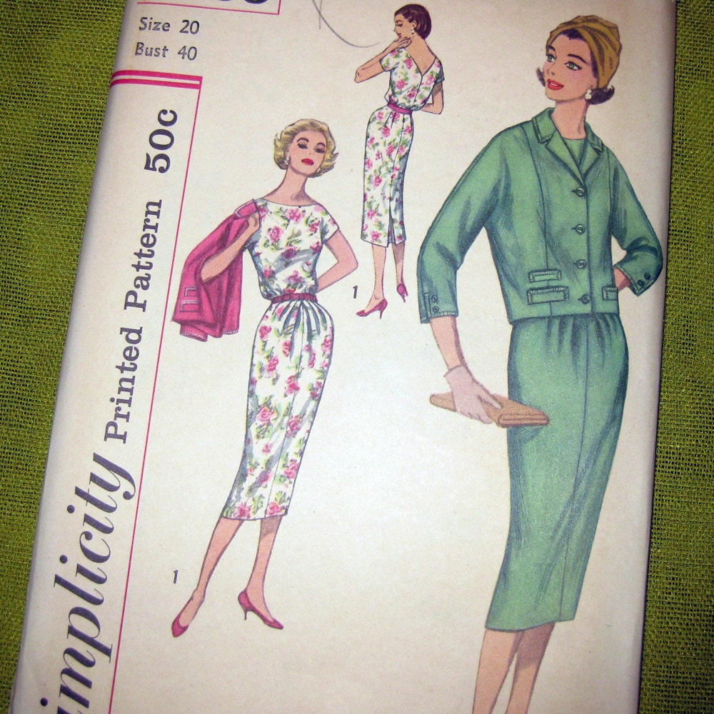 1950s Vintage Sewing Pattern -  Bateau Neckline - Dress and Jacket - Simplicity 2369 / Size 20 UNCUT FF