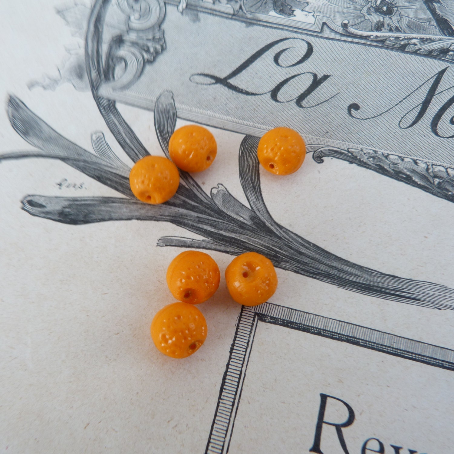 Vintage glass orange  beads set of 6