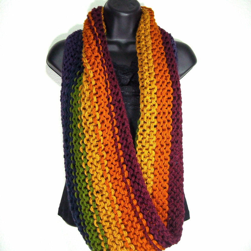 Rustic Rainbow Infinity Scarf, Long Knit Cowl