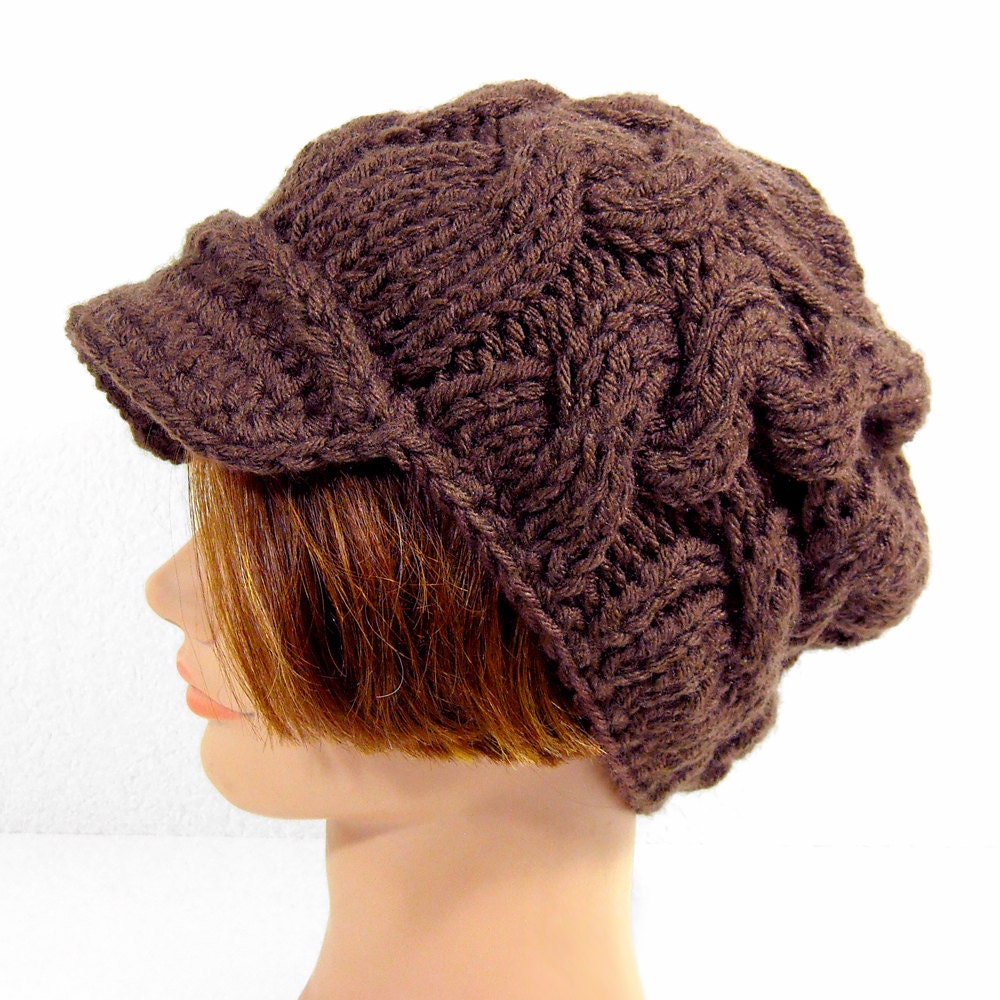 Slouchy Newsboy Hat with Visor, Cable Knit Men's or Women's Beanie