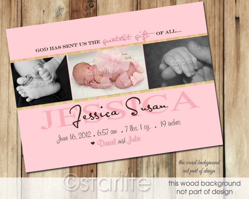 Buy announcements gifts invitations - Greatest Gift - Photo Baby Birth Announcement - Girl - Pink - 3 photos - PRINTABLE CARD DESIGN