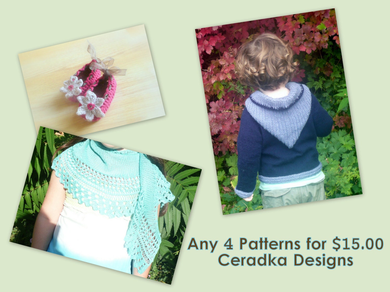 Any 4 KNITTING PATTERNS  for 15 Dollars BABY Booties Shoes Hats Gloves Scarves