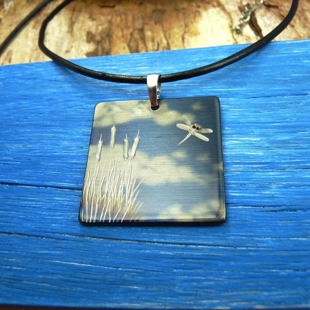 DRAGONFLY MARSH PENDANT. Cattails in the Tall Grass in the Blue Sky
