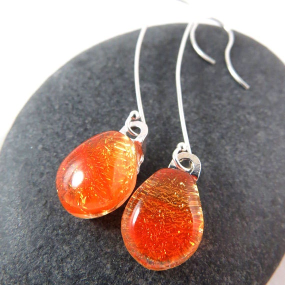 Long Earrings - Fused Glass - Fiery Orange Bonfire - Ready to Ship