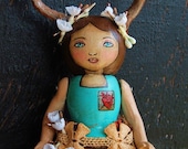 In My Heart You Were Always There. ... Original, Primitive, Folk, Art Doll with Bird Cage Skirt and Clay Antlers