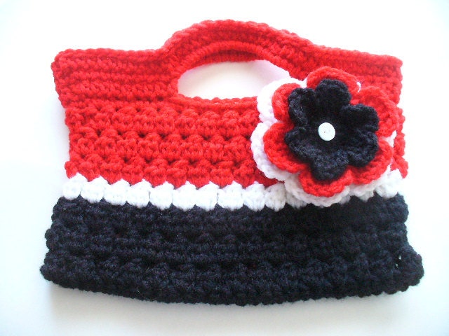 ON SALE - Crocheted Red, Black & White Bag