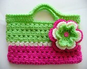 ON SALE - Crocheted Lime Green, Fushia & White Bag