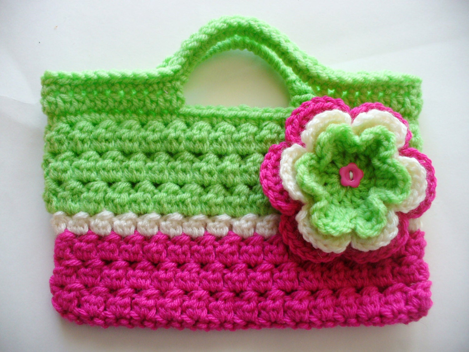ON SALE - Crocheted Lime Green, Fushia & White Bag