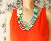 Bib necklace, White Flower statement necklace, vintage dogwood brooch multiple strands turquoise, linen white statement necklace