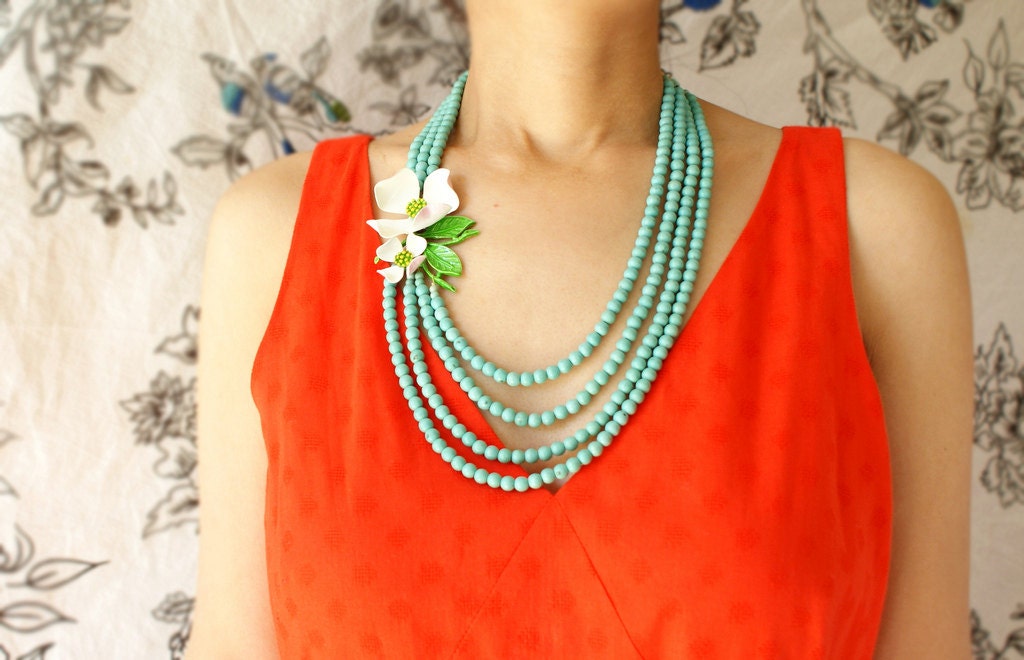 Bib necklace, White Flower statement necklace, vintage dogwood brooch multiple strands turquoise, linen white statement necklace