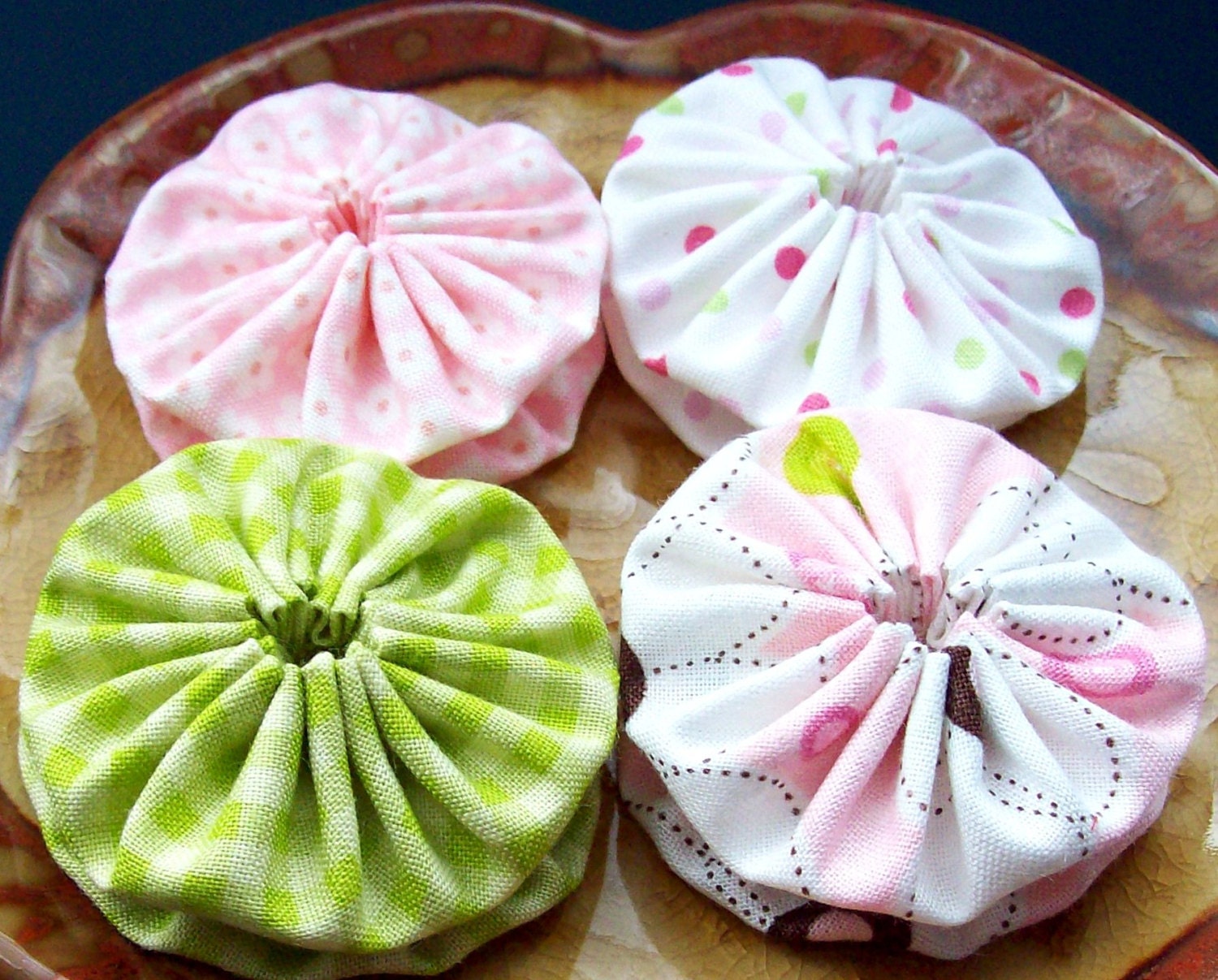 Green Grass Check Pink Floral n Polka Dot HandMade 2-inch YO YO 8 fabric yoyo pieces