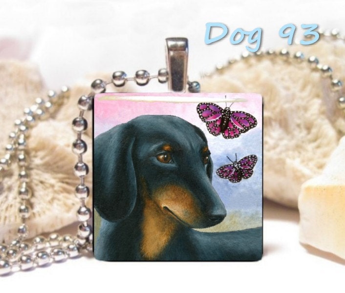 Wood Art Pendant 1x1 Jewelry Necklace from art painting Dog 90 or 93 Dachshund by L.Dumas