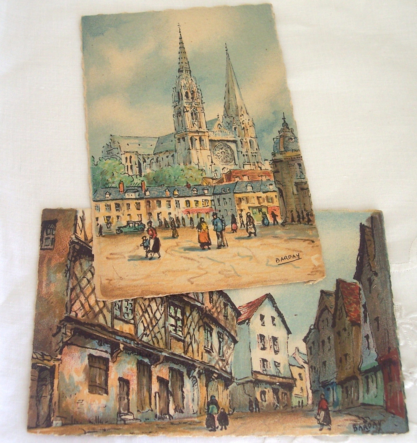 Two Vintage Postcards Illustrations by Barday Featuring Chartres