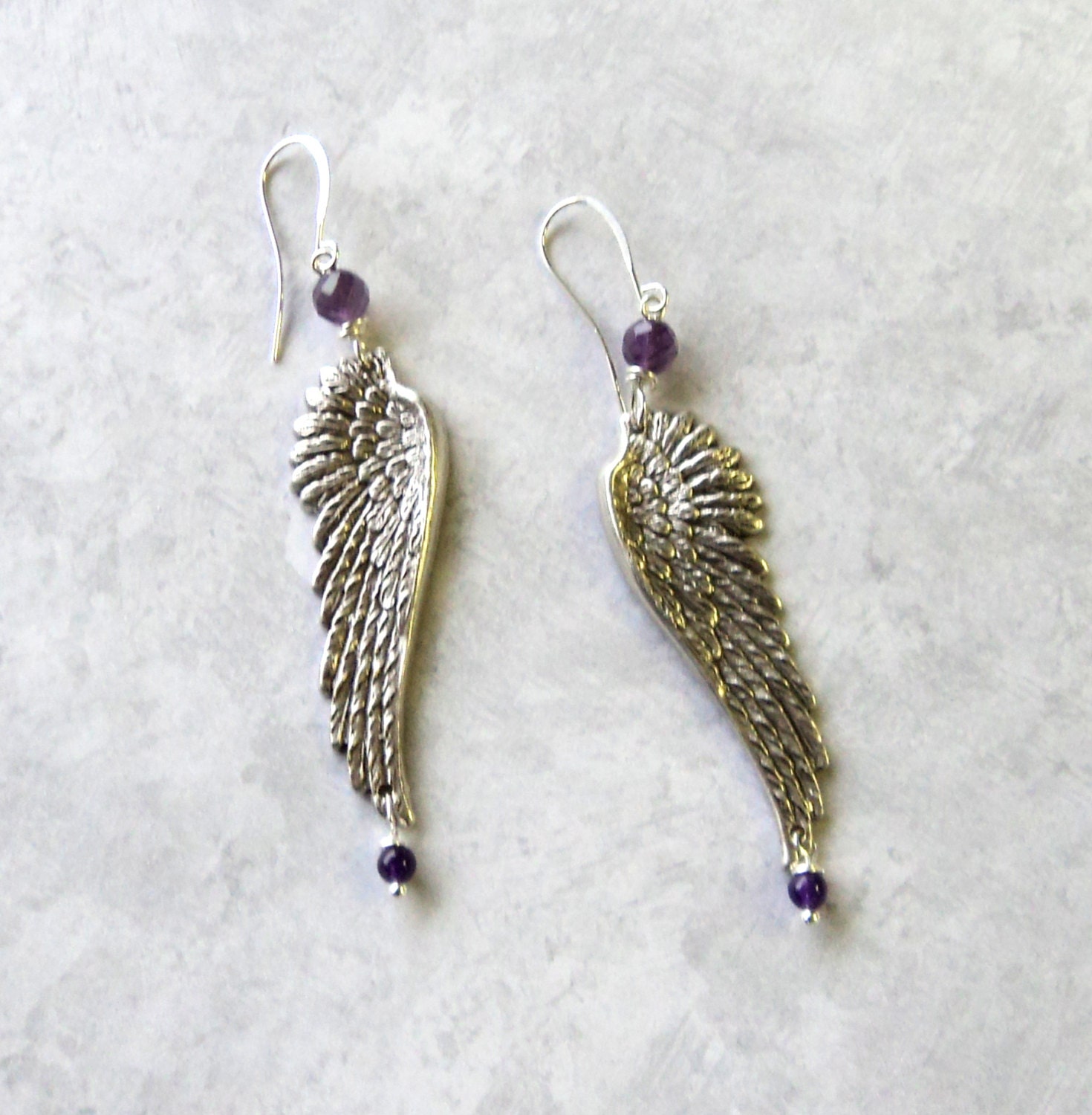 Earrings Amethyst Faceted Gemstones Antique Silver Angel Wings