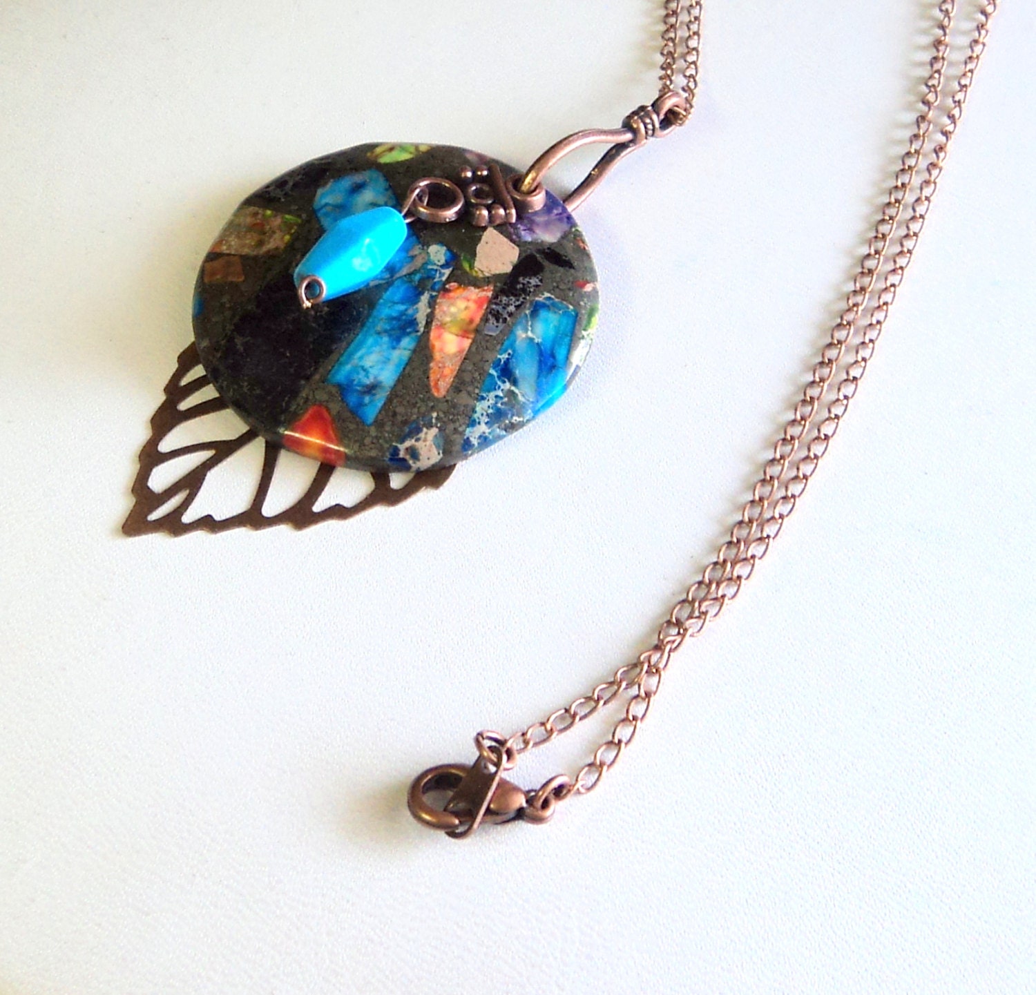 Necklace Antique Copper Boho Leaf Chalk Turquoise Sea Sediment Jasper 3 Part Pendant Focal