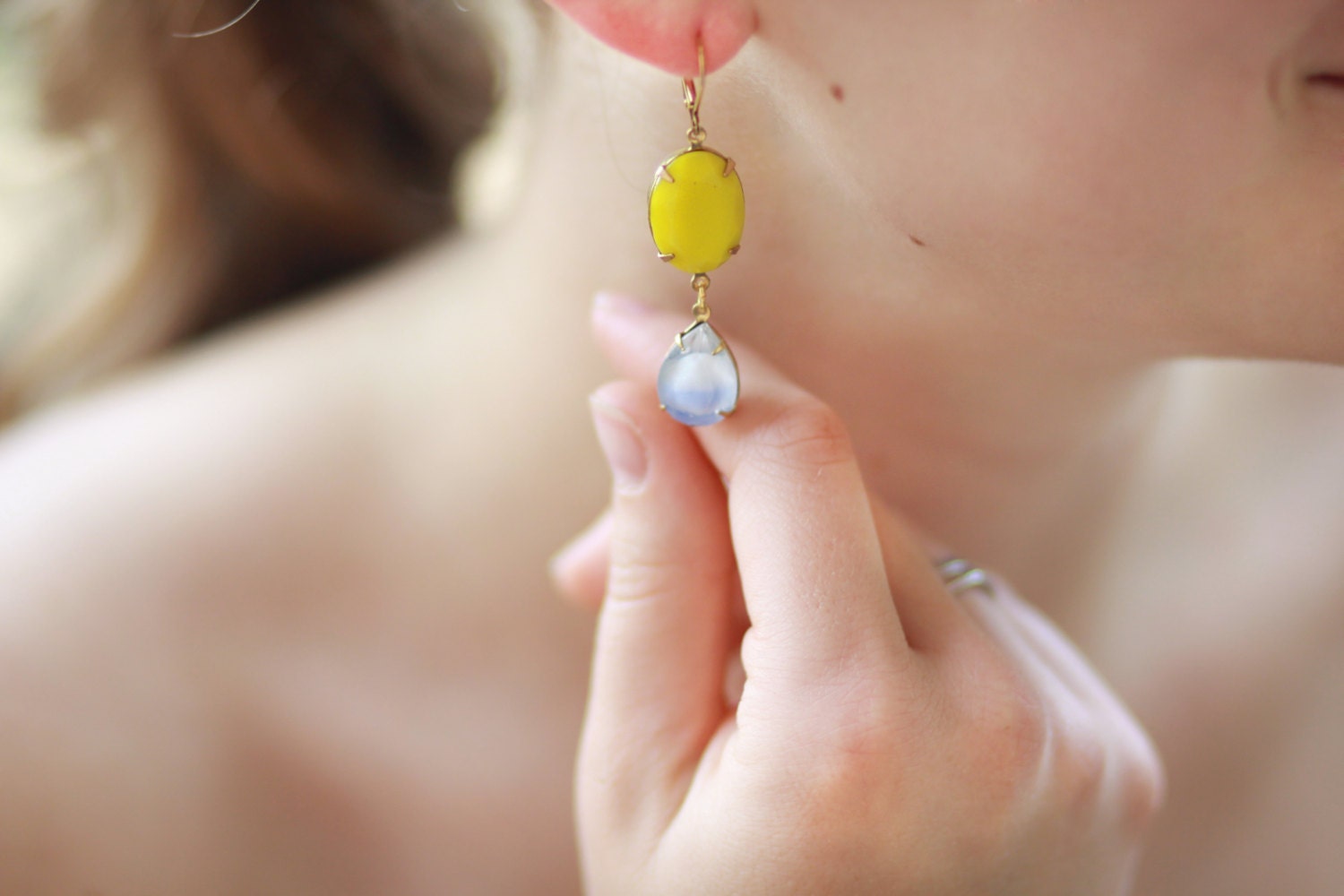 Sunny Blue Skies Earrings - Sky Blue and Opaque Lemon Yellow Crystal Dangles - Gold Brass - Spring Wedding, Bridal - Vintage - Gift Box - MySelvagedLife