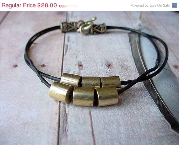 CLEARANCE 40% OFF Industrial Bracelet Black Leather and Raw Golden Solid Brass Tube Beads Unisex Gift for Him Masculine Gift box Under 50