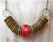 CLEARANCE 40% OFF Tribal Wood and Coral Necklace - Boho, Rustic Wooden Discs with Red Coral Rondelle - Geometric Statement Piece - Gift Box