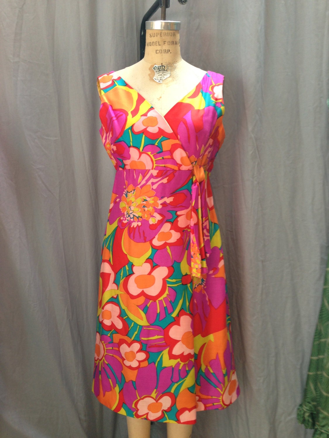 60's, 70's, psychedelic silk floral print dress. Morton Myles for Jeunesse.