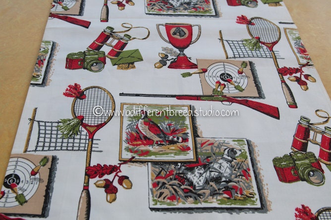 The Sporting Life - Vintage Fabric Whimsical Novelty Hunting Horse Racing Badminton Darts 37" wide