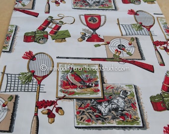 The Sporting Life - Vintage Fabric Whimsical Novelty Hunting Horse Racing Badminton Darts 37" wide
