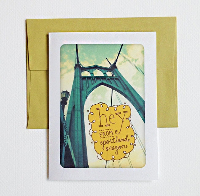 Hey from Portland, Oregon / St. Johns Bridge - blank greeting card