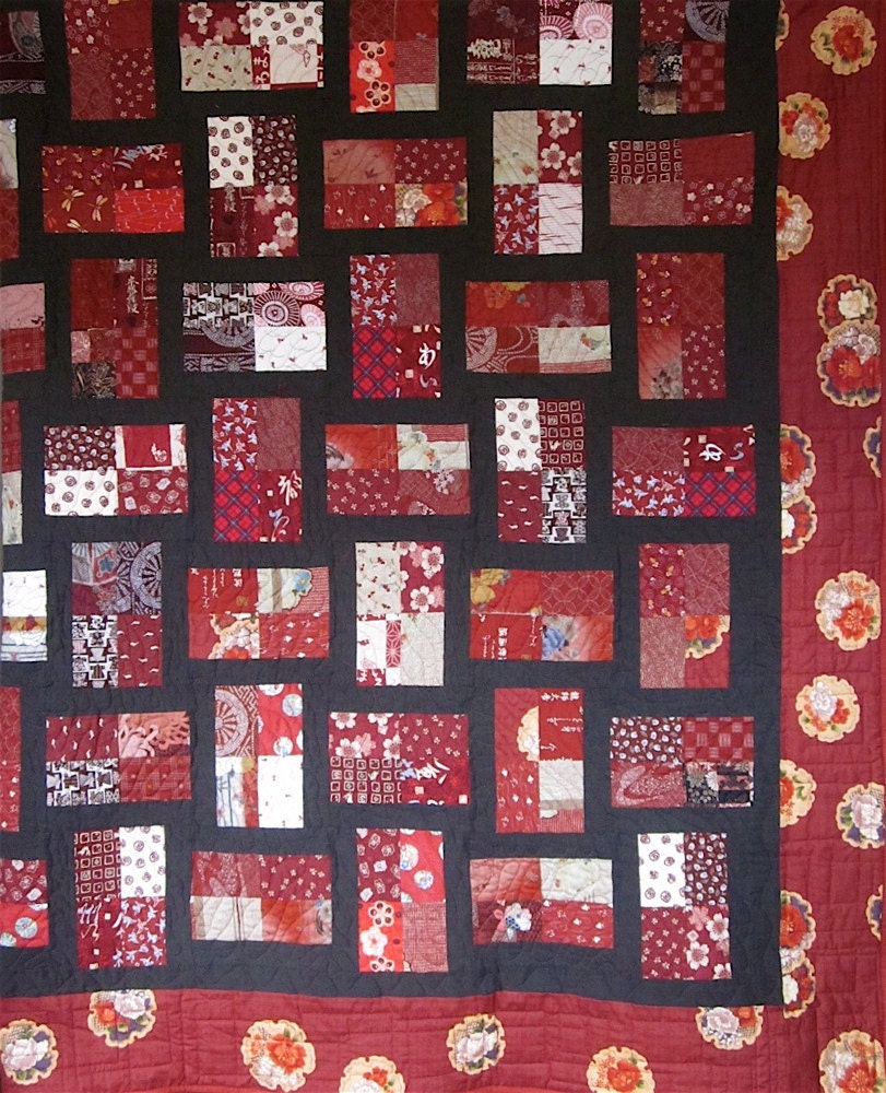Patchwork Quilt - King size red and brown Japanese Fractions
