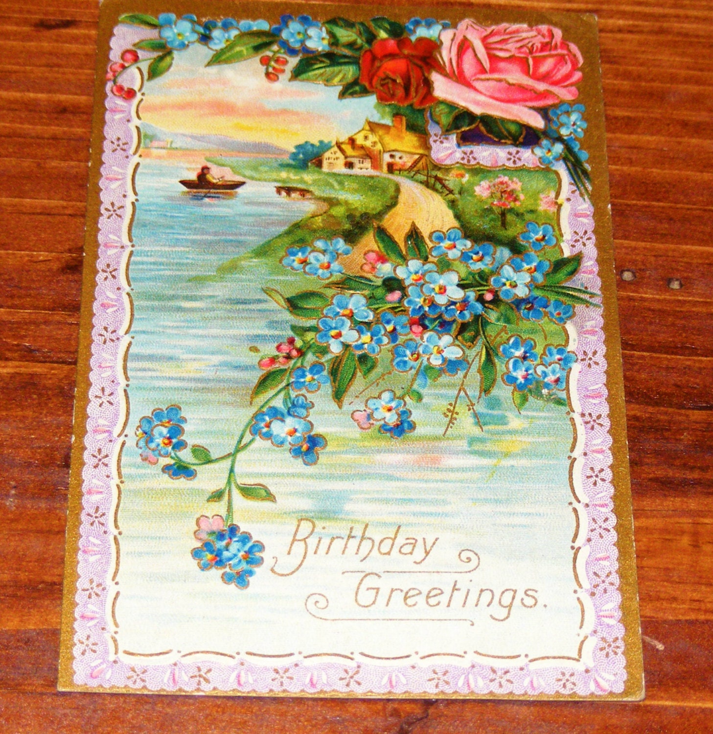 Antique Postcard Germany Birthday Embossed Seaside Cottage Boat Flowers
