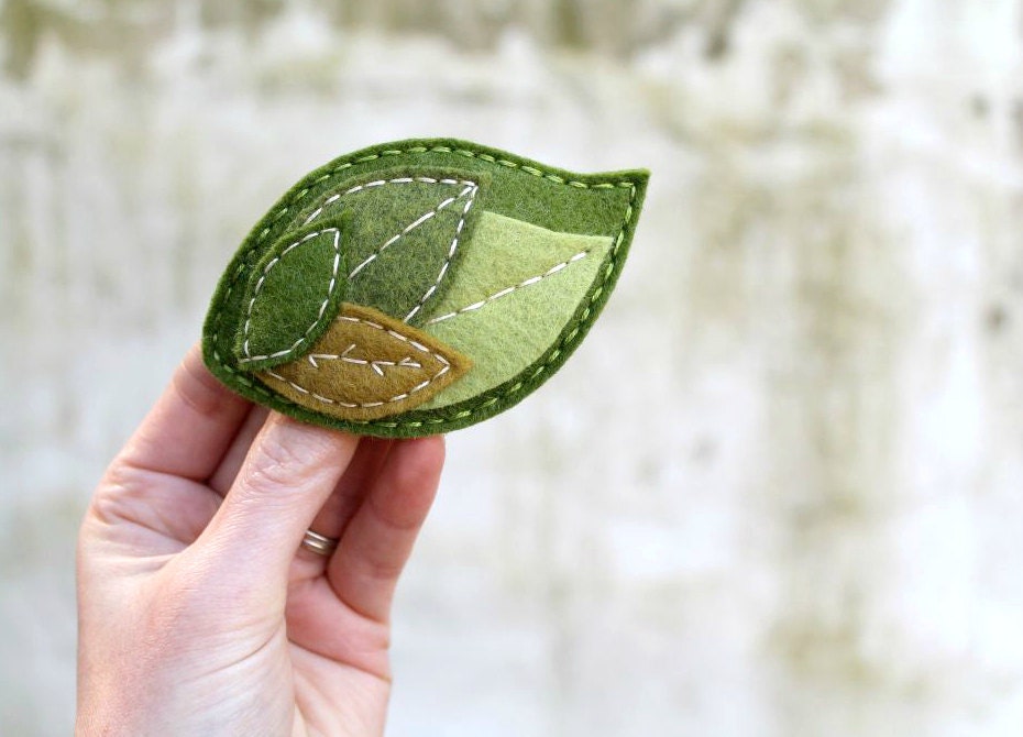 Large Moss Felt Leaf Barrette // Woodland Hair Accessory for Women // Hand Stitched by OrdinaryMommy on Etsy