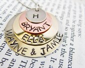 Hand Stamped Name Necklace with up to SEVEN Names - Four Mixed Metal Discs and Chain for Mom, Grandma